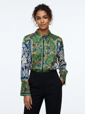 Zara Scarf Print Satin Blouse Paisley Floral Green Blue Mustard Size Small
